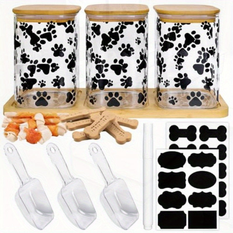 3 Pack Airtight Dog Treat Jars With Paw Print Labels