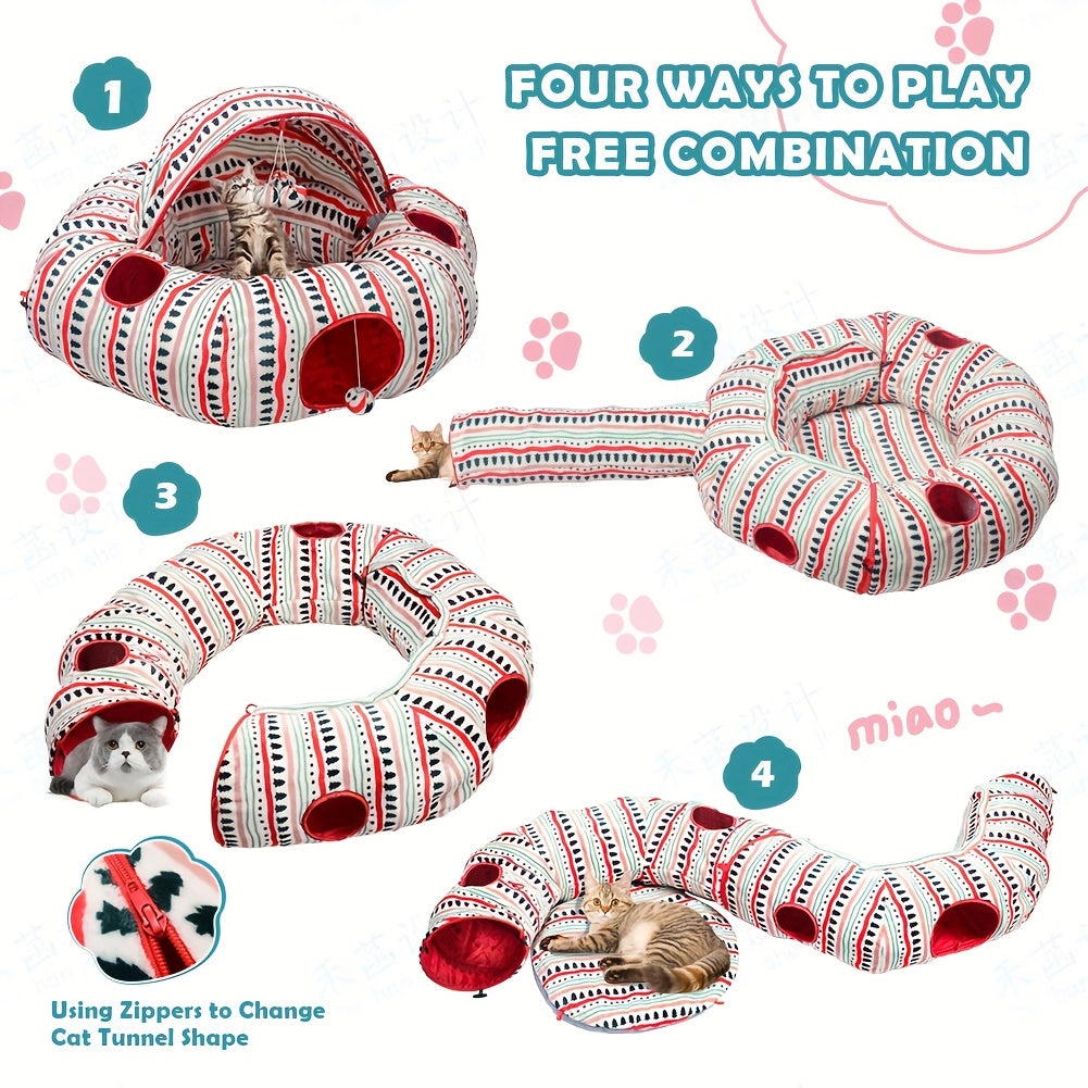Soft Plush Cat Tunnel Bed Peekaboo Cave Red Striped