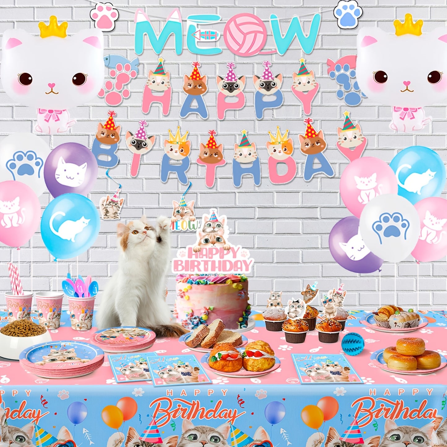 Cat Birthday Party Supplies 178pcs Kitten Decorations Plates Cups Banners Balloons Tableware Set