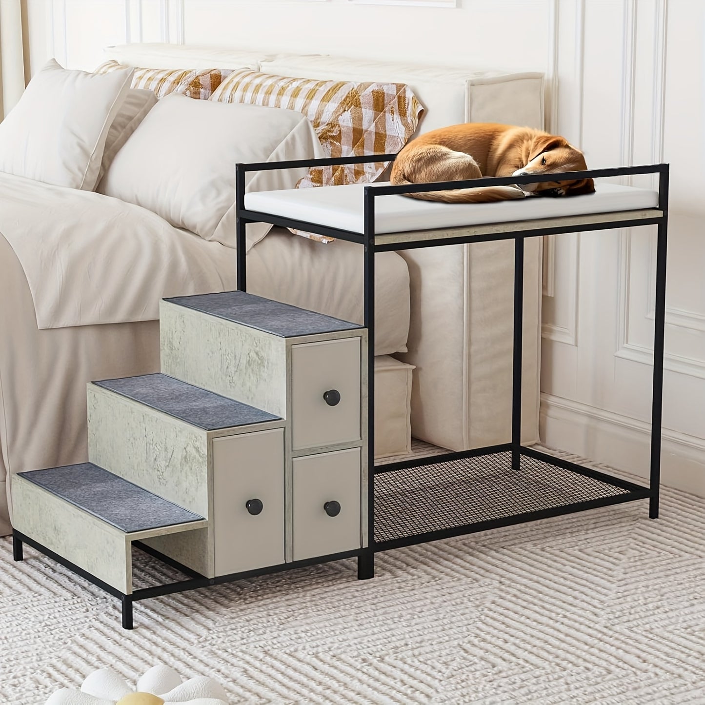 Multi Level Pet Bunk Bed with Stairs and Storage for Small to Medium Dogs