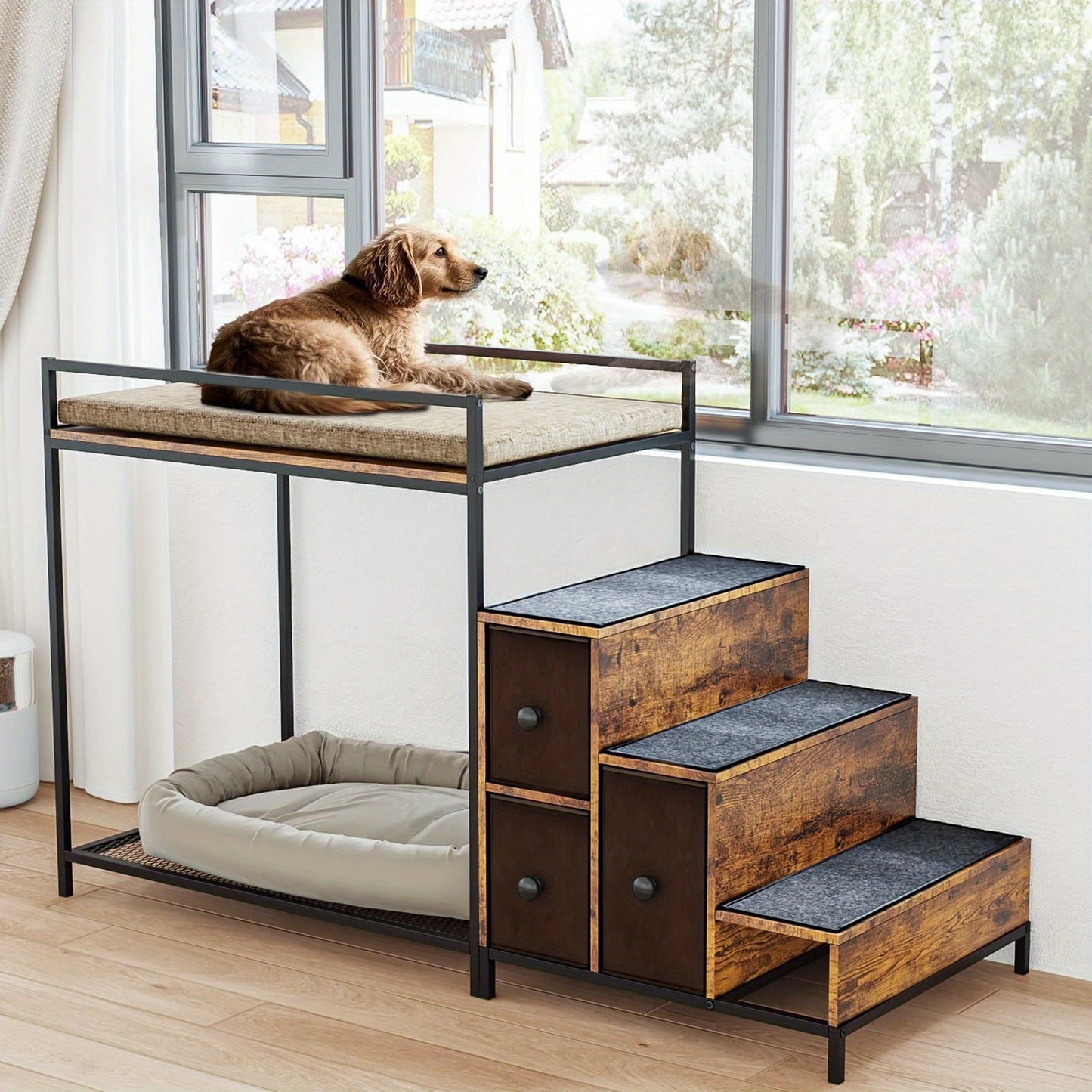 Multi Level Pet Bunk Bed with Stairs and Storage for Small to Medium Dogs