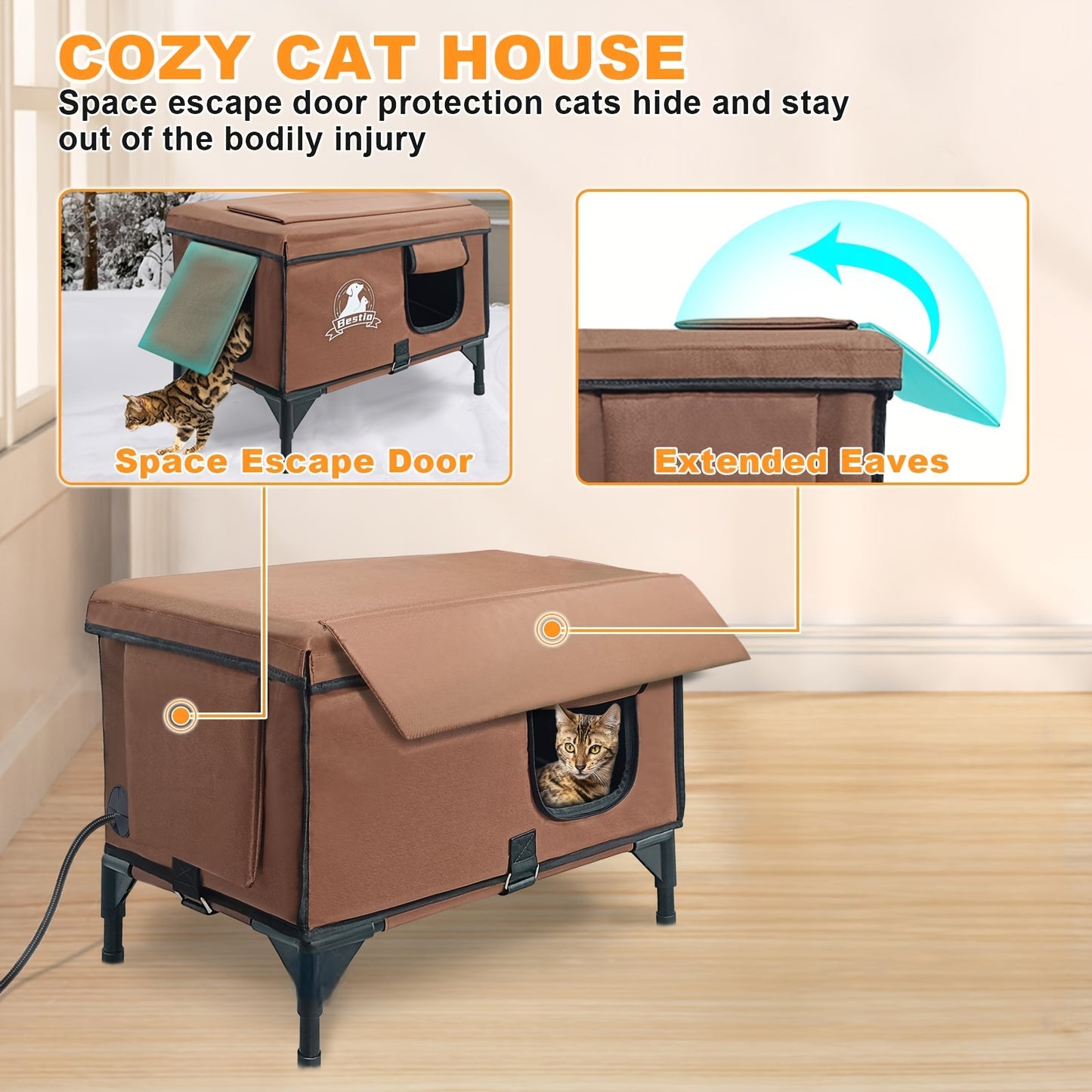 Cat House with Heating Pad and Elevated Bed 3-in-1 Design for Indoor and Outdoor Use