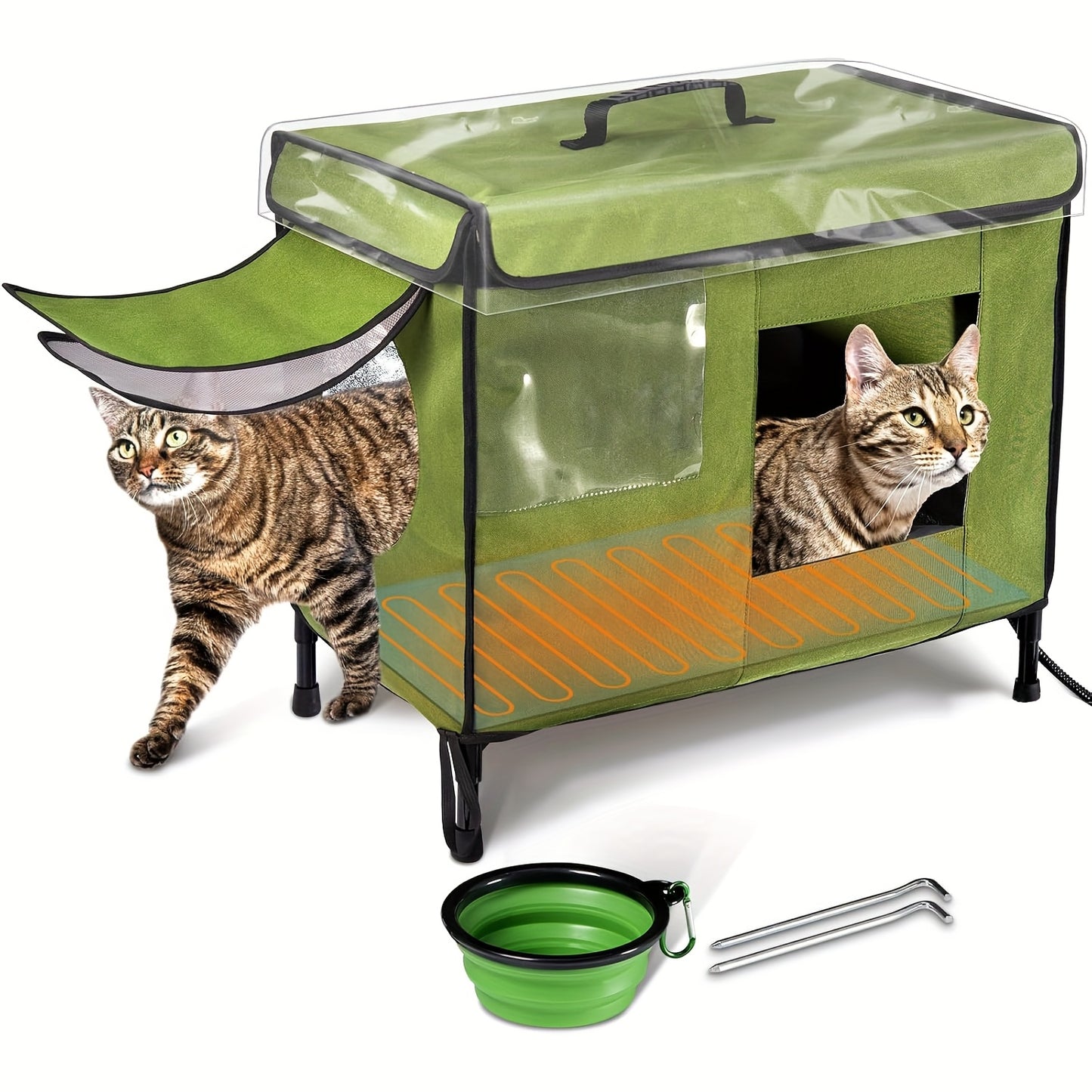 Indestructible Heated Cat House for Indoor and Outdoor Use with Collapsible Design and Food Bowl
