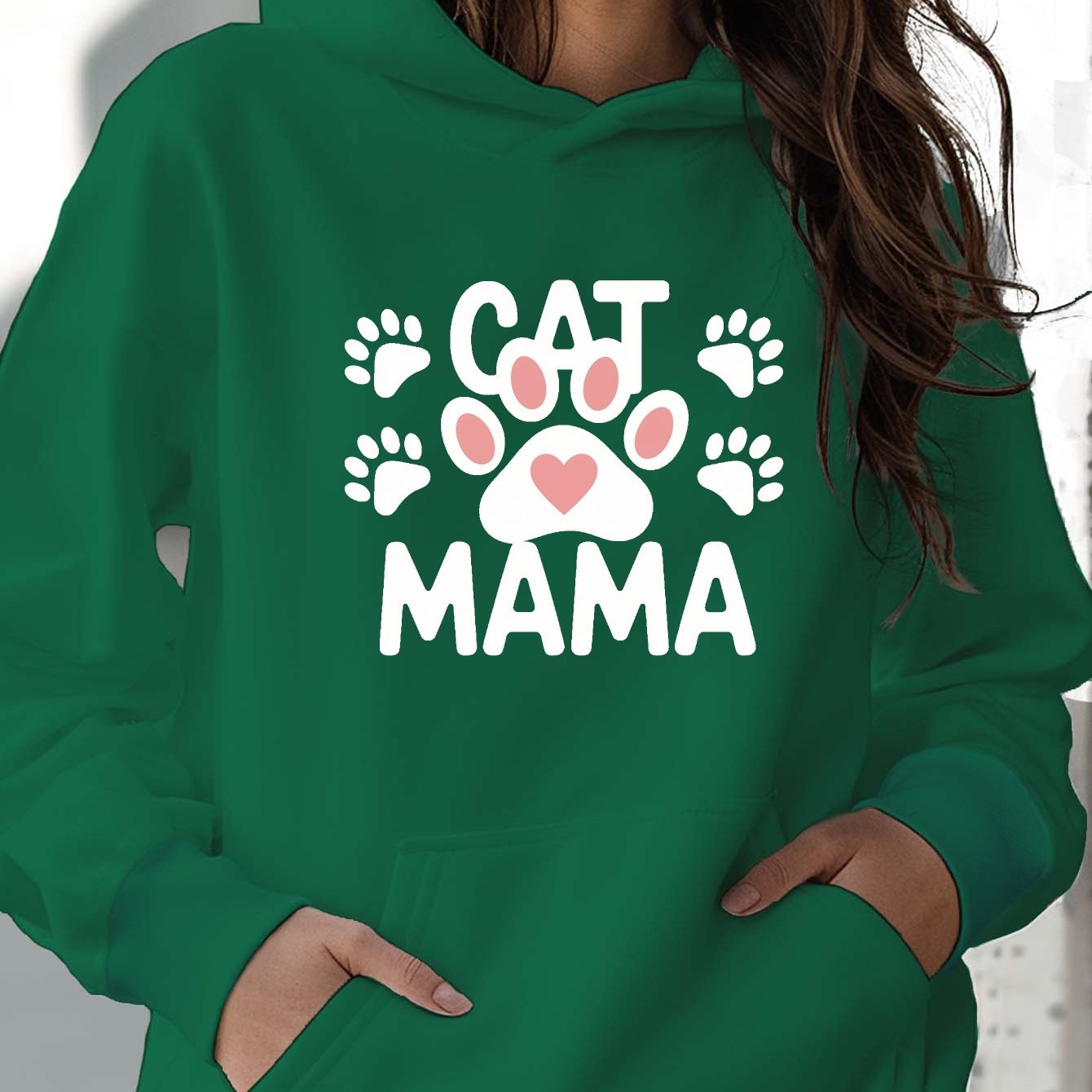 Teediy Cat Mama Paw Print Heart Women's Casual Hoodie for Cat Lovers