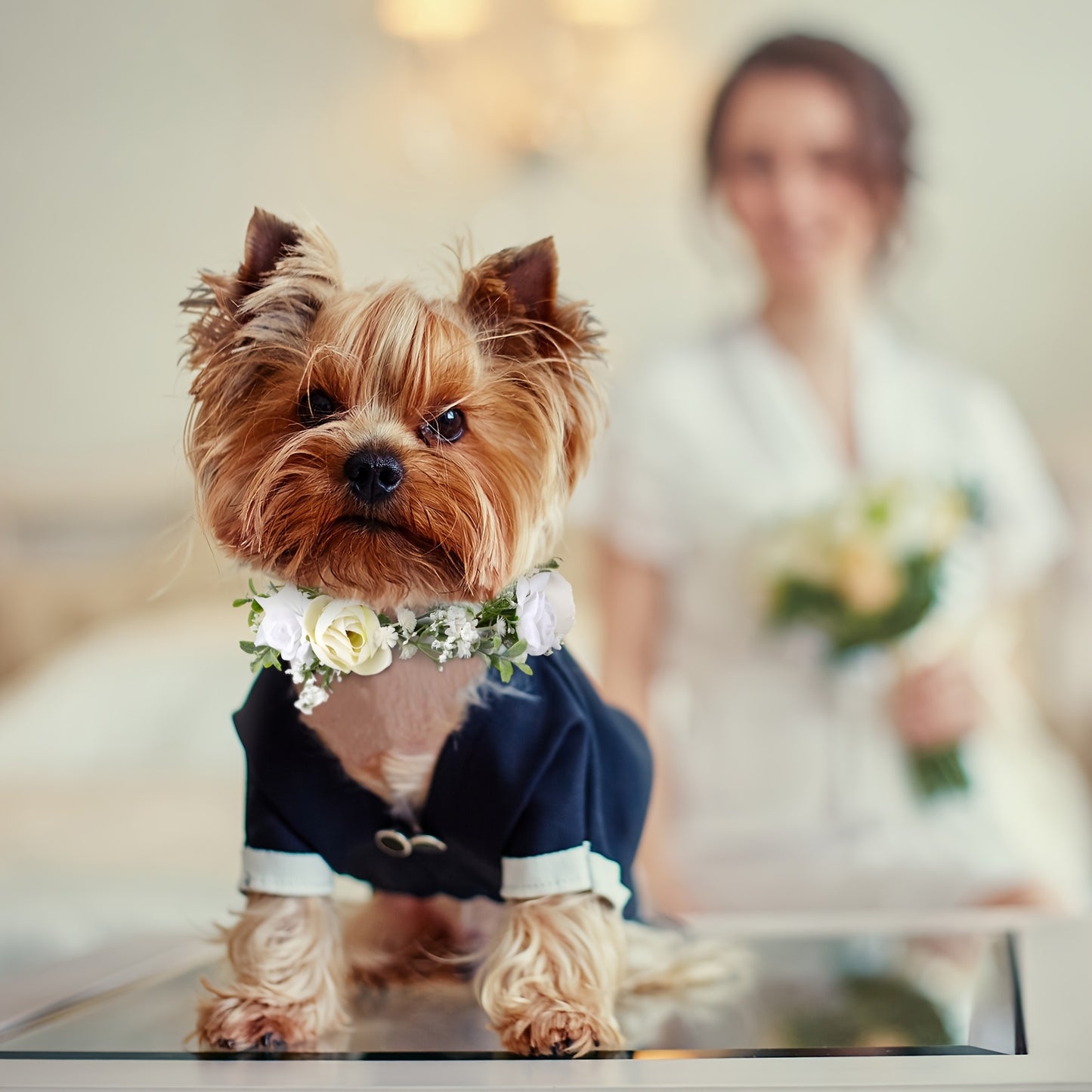 2 Piece Dog Flower Collar and Leash Set with Pearls for Weddings Adjustable for Medium Dogs