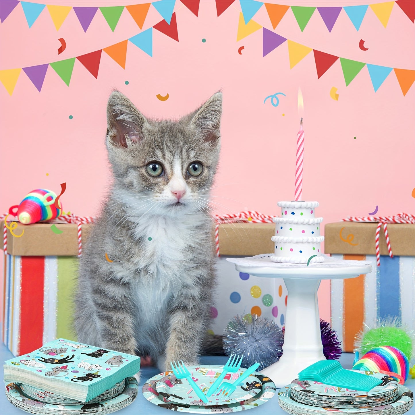 122 Pieces Cat Birthday Party Supplies Disposable Tableware Set for 24 Guests in Green