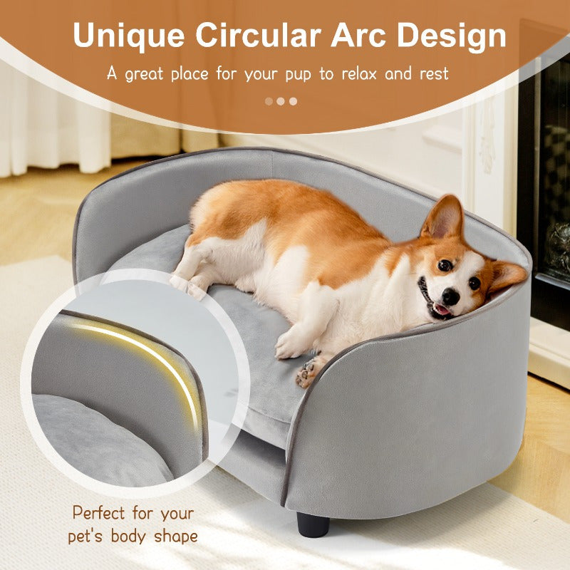 Modern Wooden Pet Sofa Bed for Small to Medium Dogs and Cats with Washable Cushion in Light Gray