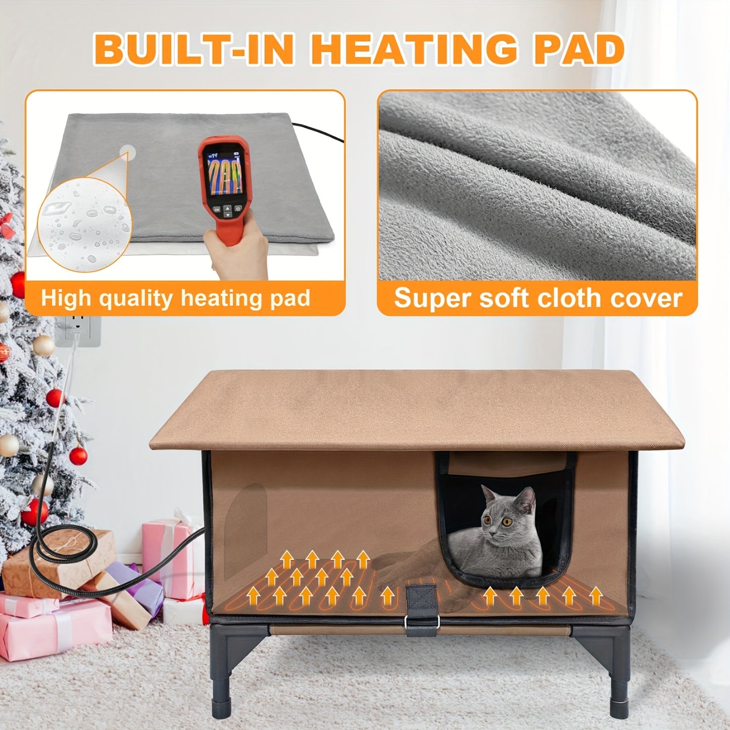 Cat House with Heating Pad and Elevated Bed 3-in-1 Design for Indoor and Outdoor Use