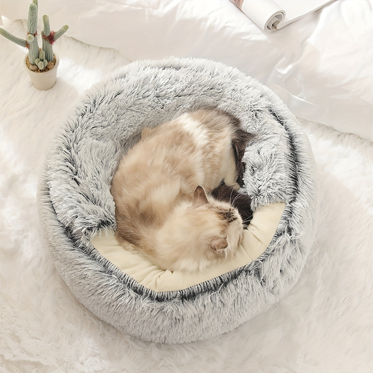 Cozy Round Plush Cat Bed Cave Fluffy Hooded Anti Anxiety Pet Bed For Indoor Cats And Small Dogs