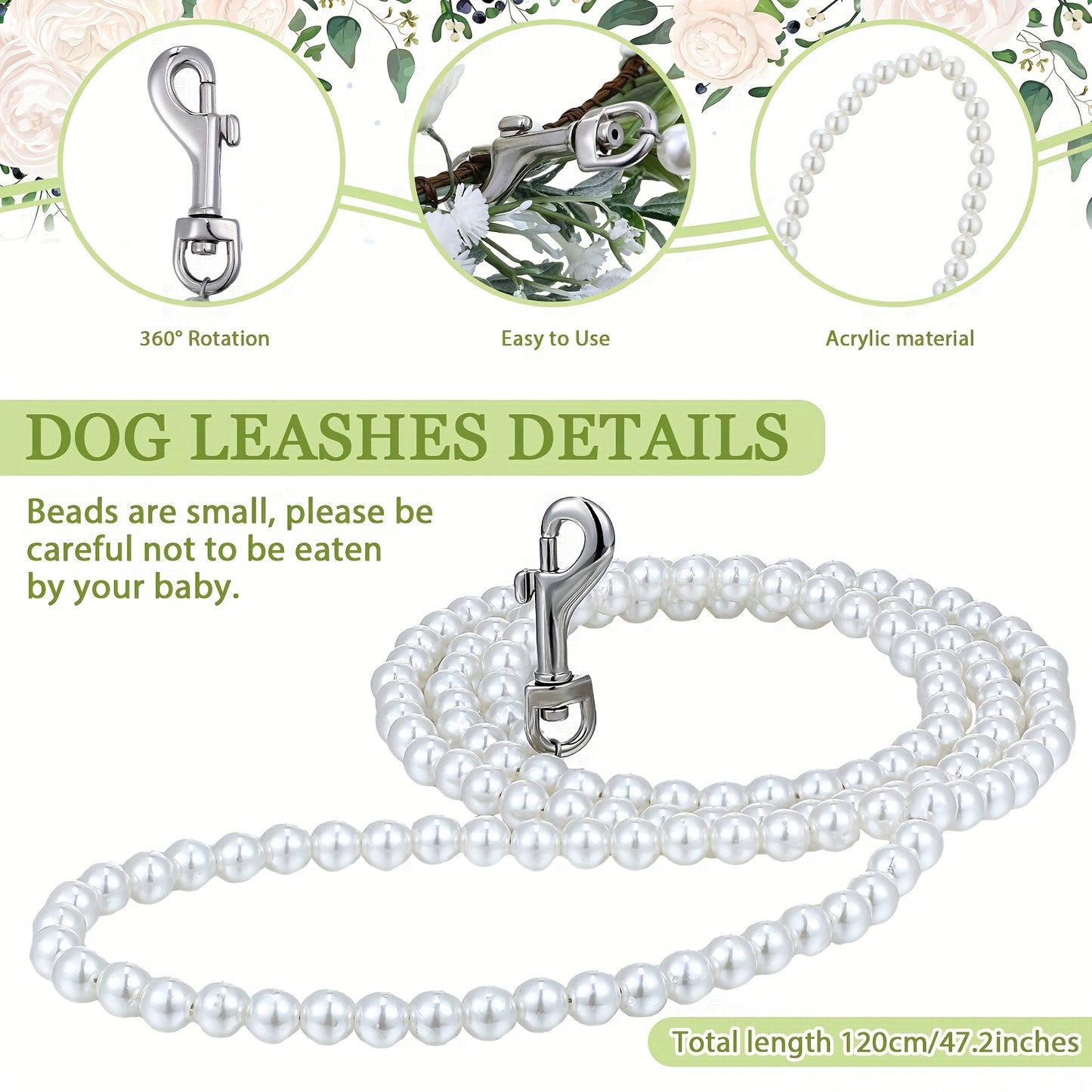 2 Piece Dog Flower Collar and Leash Set with Pearls for Weddings Adjustable for Medium Dogs