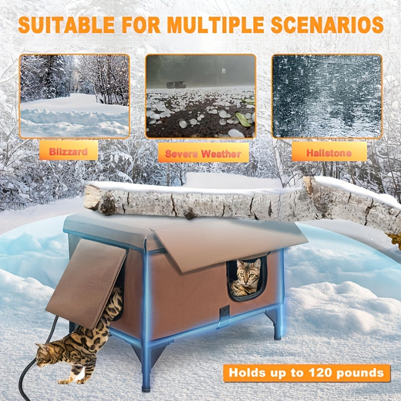 Cat House with Heating Pad and Elevated Bed 3-in-1 Design for Indoor and Outdoor Use