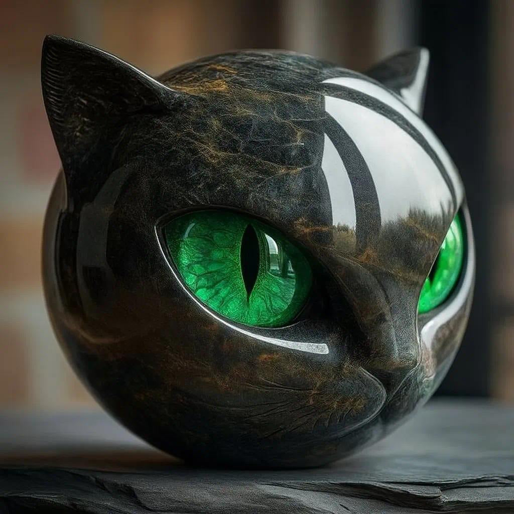 Handmade Black Cat Sculpture with Marble Eyes Gothic Home Decor Resin Figurine Gift