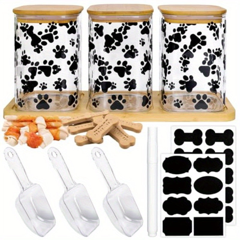3 Pack Airtight Dog Treat Jars With Paw Print Labels