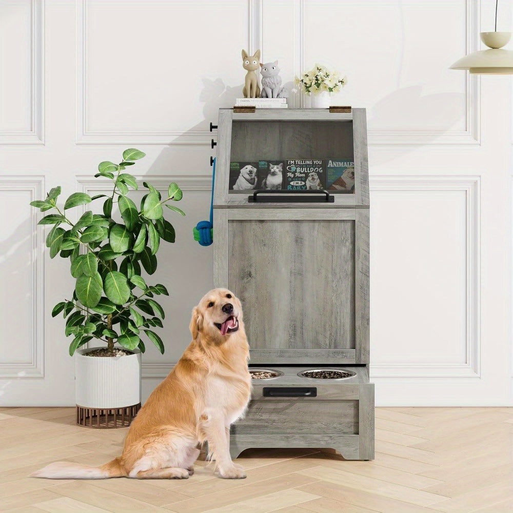 Modern Grey Dog Feeding Station With Elevated Bowls