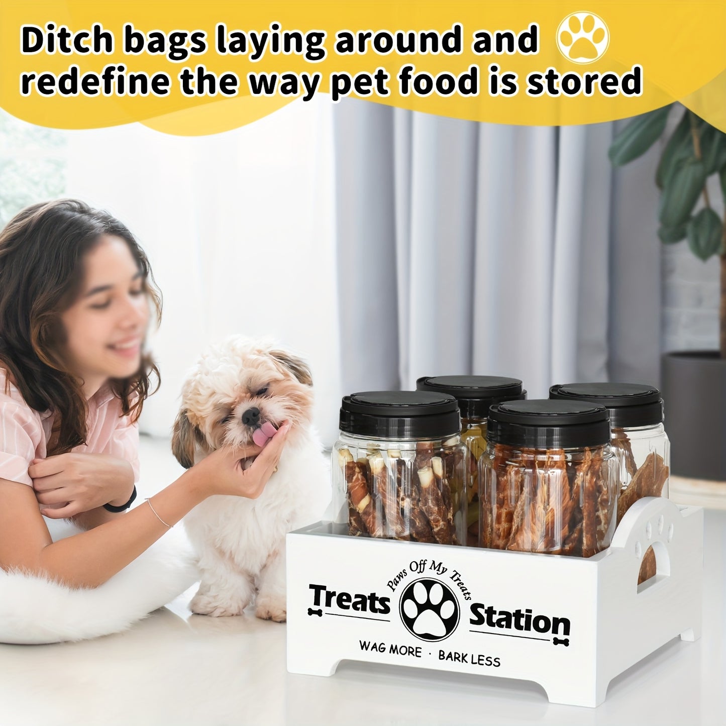 Wooden Dog Food Storage Box With Farmhouse Cat Jars