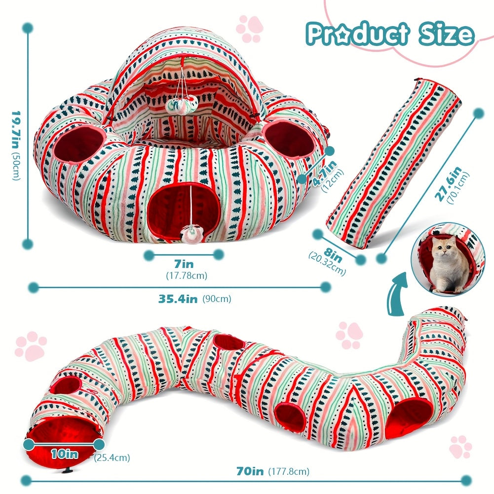 Soft Plush Cat Tunnel Bed Peekaboo Cave Red Striped