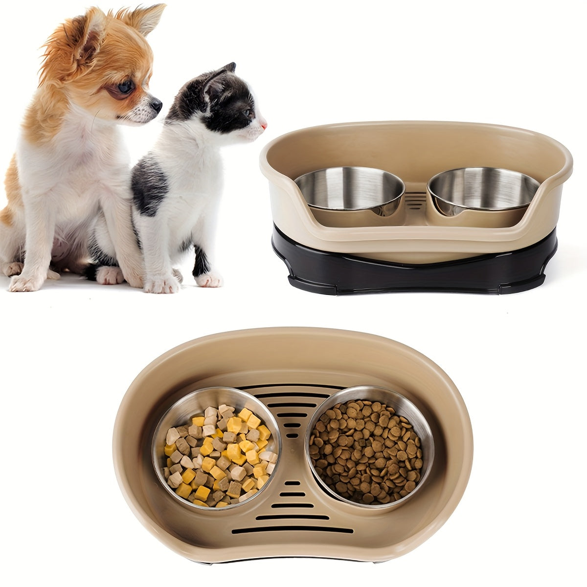 Stainless Steel Double Pet Bowl Set with Anti-Tip Design for Dogs and Cats