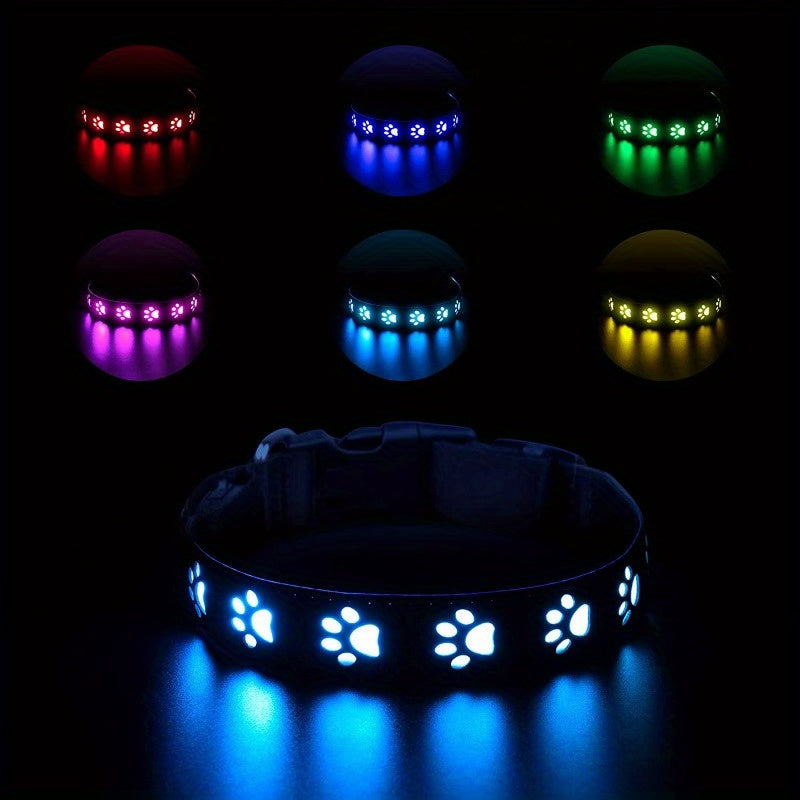 7 Color LED Dog Collar with Paw Pattern USB Rechargeable Adjustable Fit for Nighttime Safety
