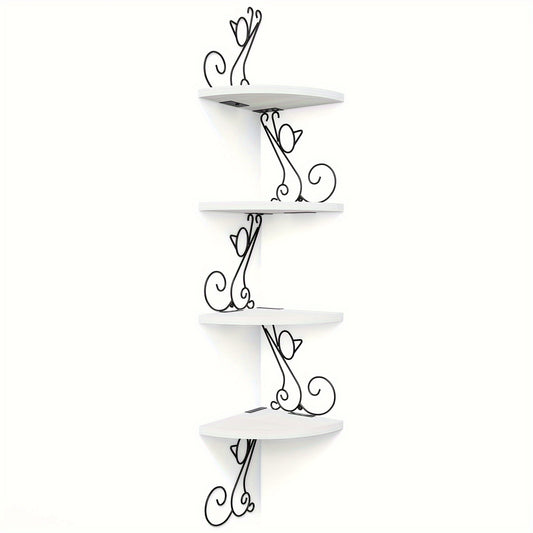 Floating Corner Wood Shelves 4 Tier Rustic Cat Shaped Wall Mounted Storage for Living Room Bedroom