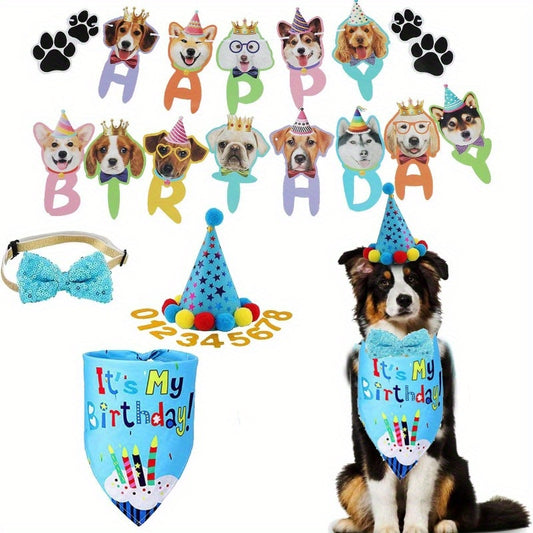 21 Piece Pet Birthday Party Set with Hats Banners Triangle Scarves and Decorations