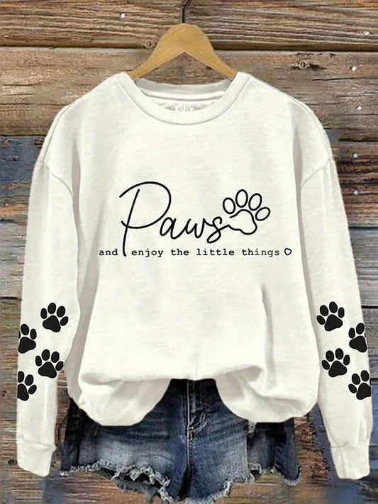 Cozy Paw Print Crew Neck Sweatshirt for Women Casual Long Sleeve Pullover for Fall and Winter