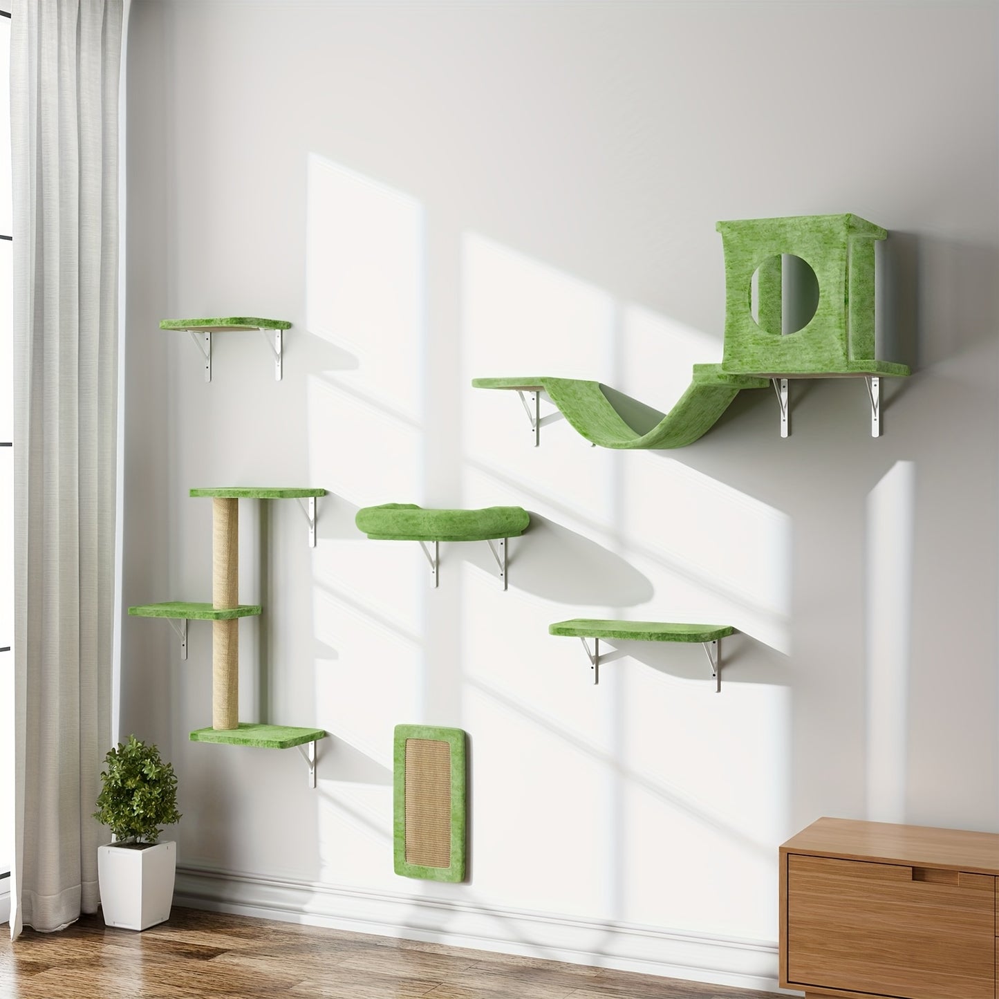 Deluxe 6pcs Wall-Mounted Cat Climbing Shelf Multi-Level Cat Tree with Condo and Scratching Post