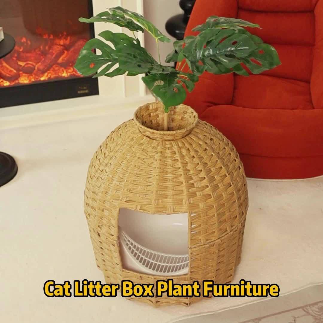 Hidden Cat Litter Box Plant Rattan Enclosure Living Room