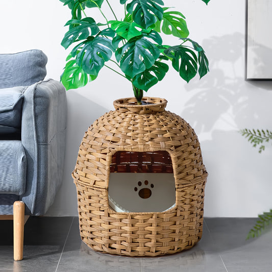 Hidden Cat Litter Box Plant Rattan Enclosure Living Room