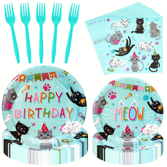 122 Pieces Cat Birthday Party Supplies Disposable Tableware Set for 24 Guests in Green
