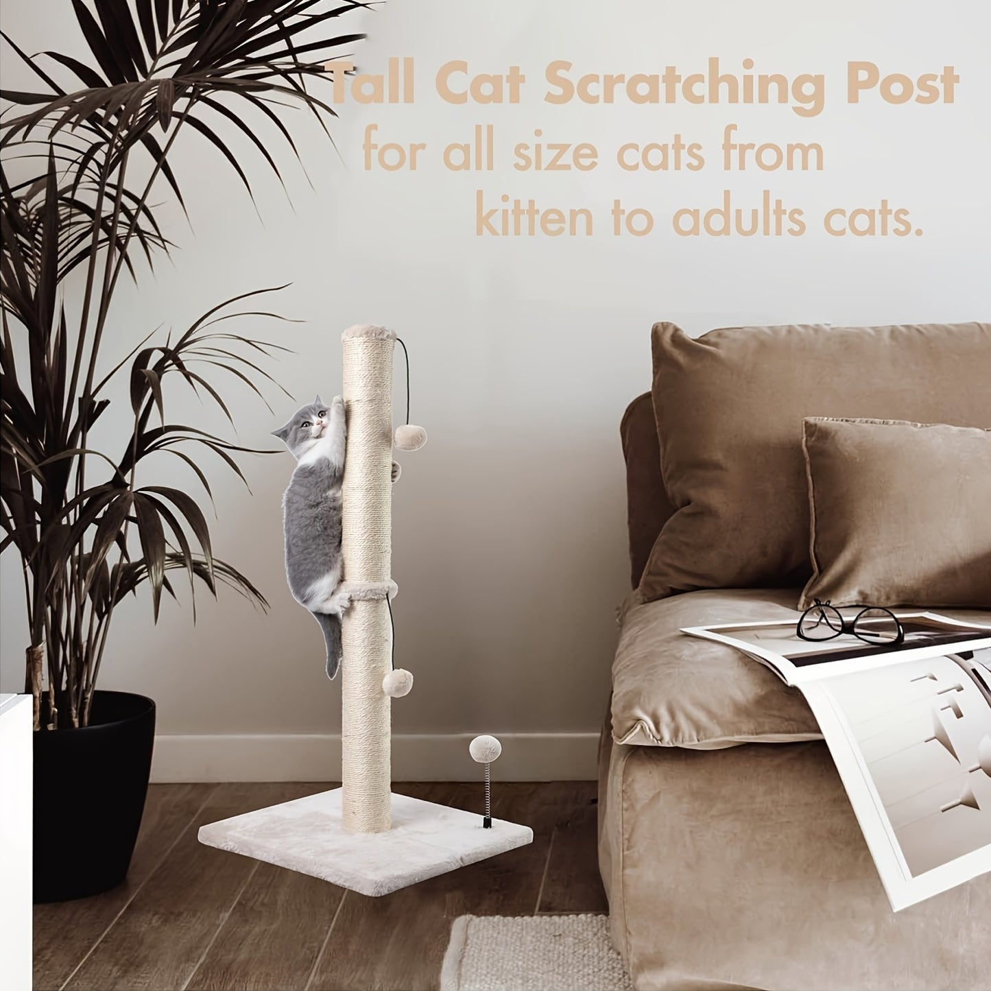 Ecoboom 34 Inch Tall Cat Scratching Post with Hanging Ball for Indoor Cats