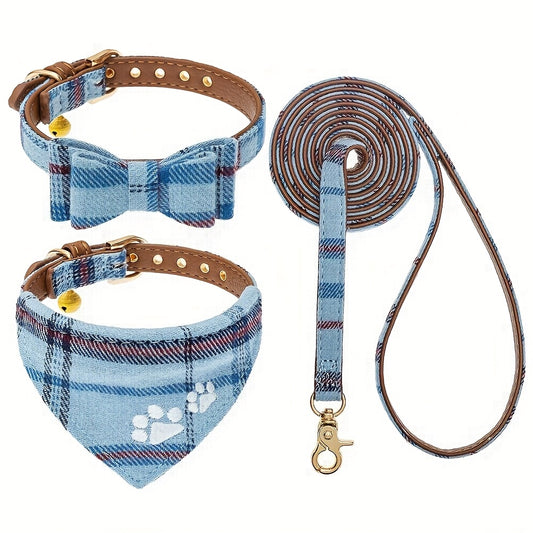 Cute Blue Plaid Dog Collar and Leash Set with Bow Tie and Bandana for Outdoor Walking