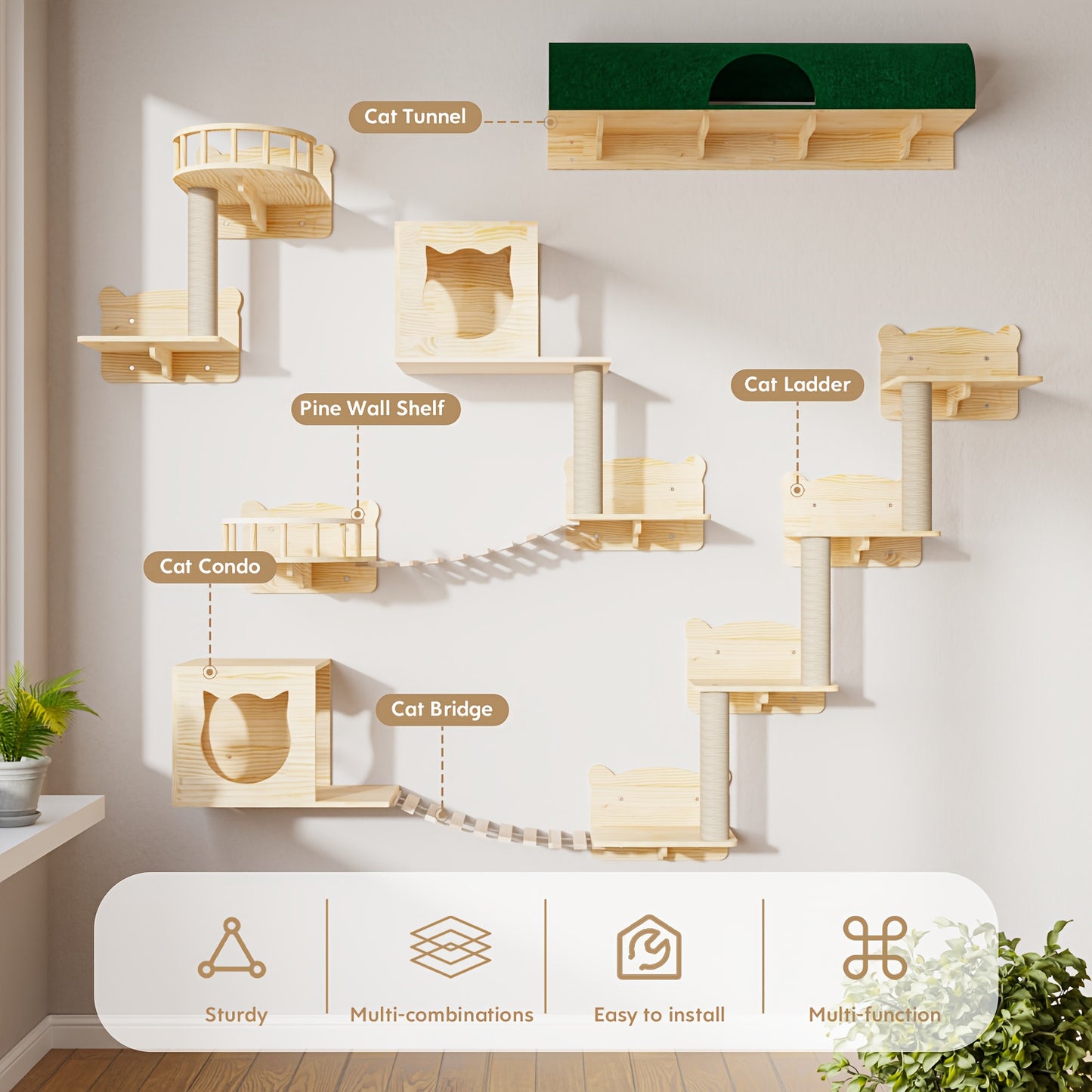 Cat Wall Shelves Indoor Climbing Set 9 16 18pcs Multi Level Cat Climber with House Bed Tunnel
