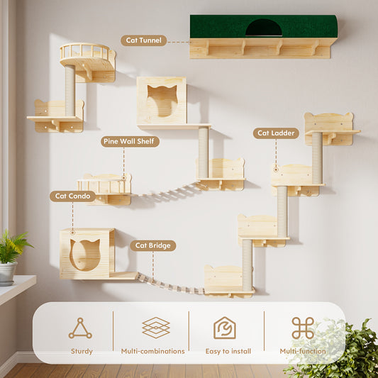 Cat Wall Shelves Indoor Climbing Set 9 16 18pcs Multi Level Cat Climber with House Bed Tunnel
