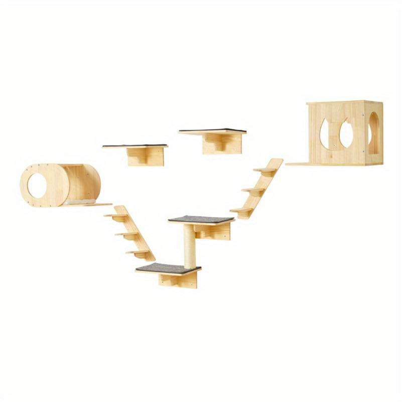 Cat Activity Wall Shelf Set With Hammock Nests 7 Piece