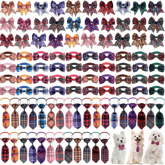100pcs Plaid Dog Bow Tie Collar Set with Neckties Bow Ties and Collar Flowers for Dogs