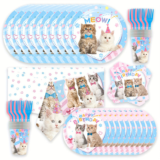 101PCS Cat Birthday Decorations Party Supplies Tableware for Kitten Girls Birthday Celebration