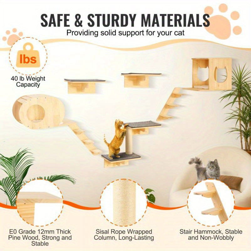 Cat Activity Wall Shelf Set With Hammock Nests 7 Piece