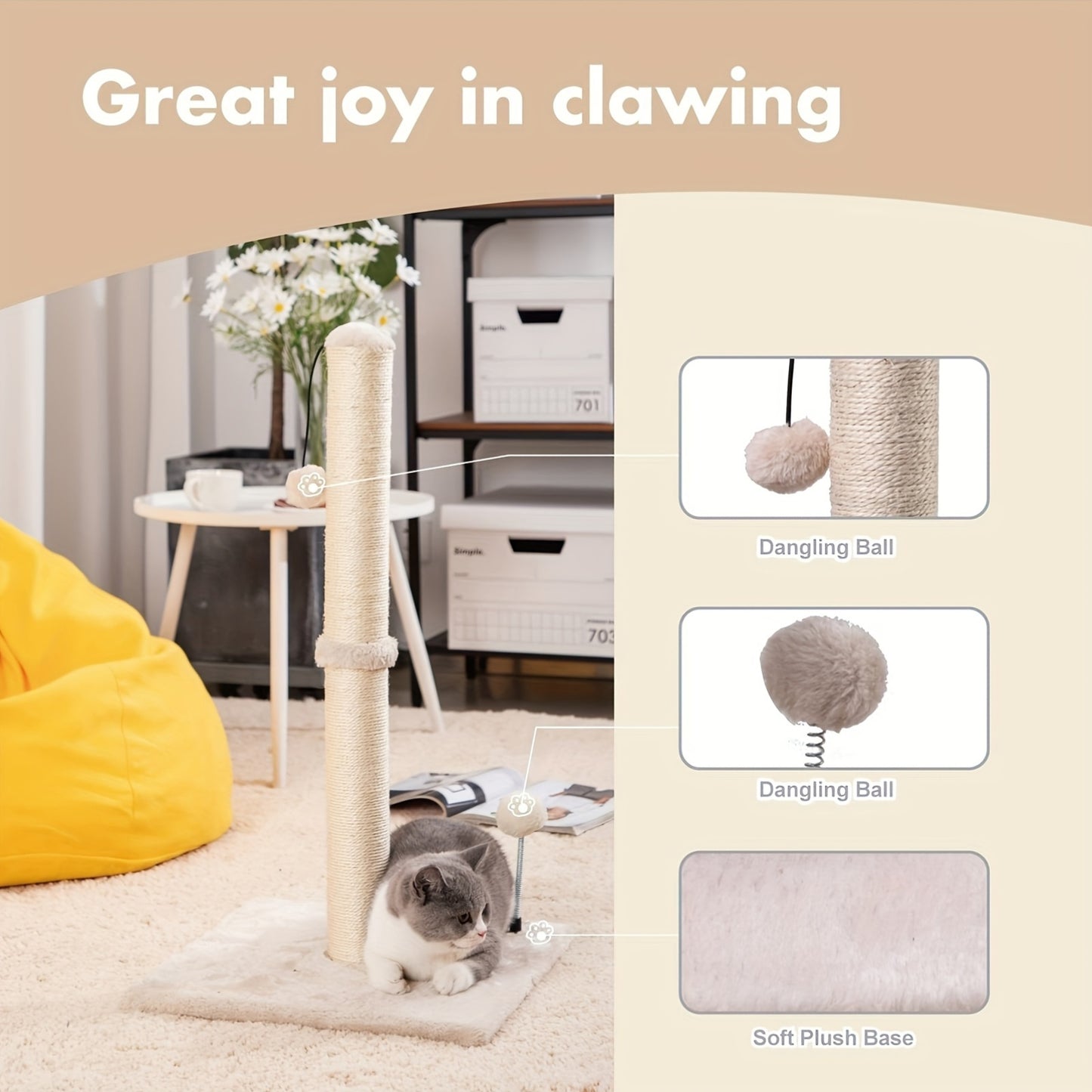 Ecoboom 34 Inch Tall Cat Scratching Post with Hanging Ball for Indoor Cats