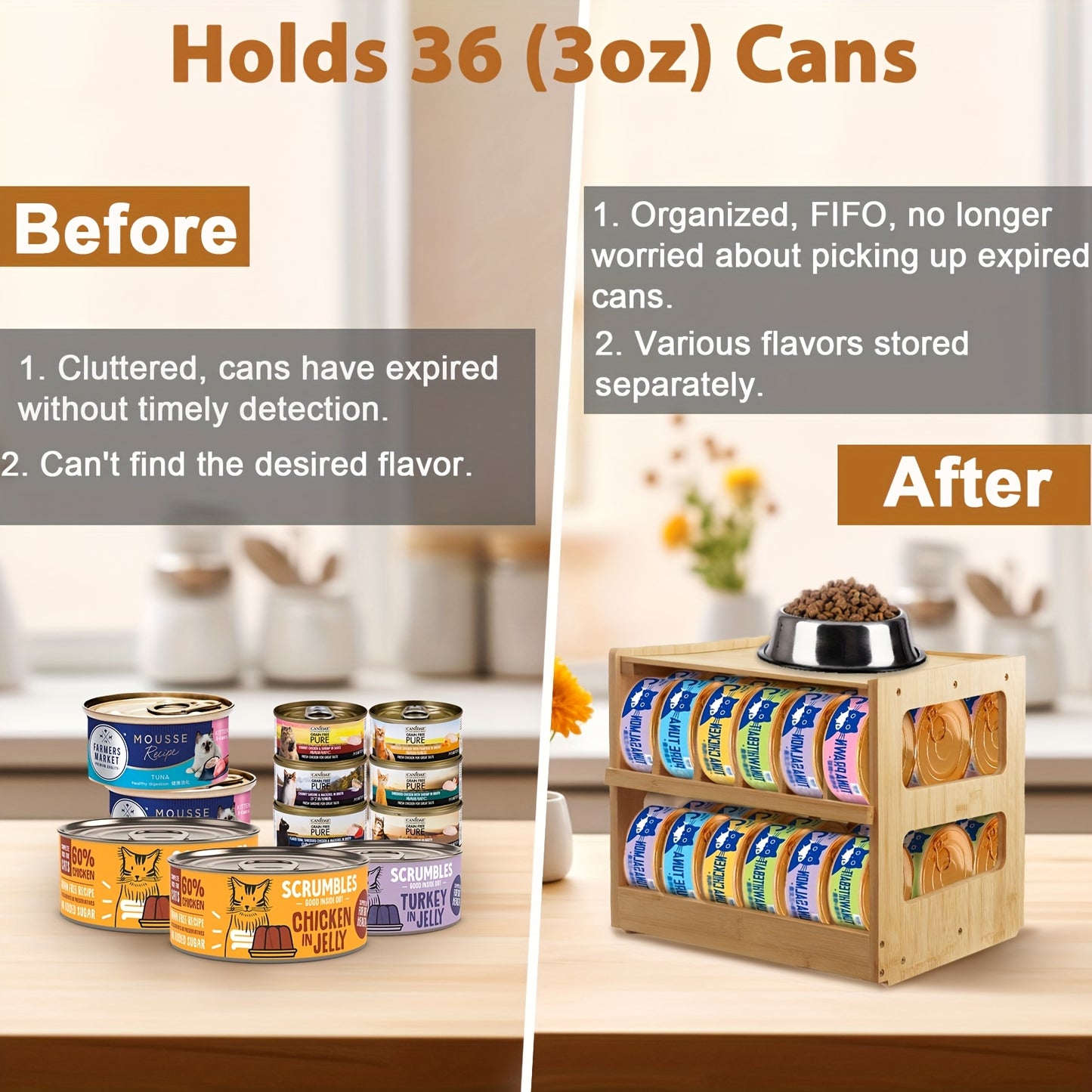 Upgraded Bamboo Cat Food Organizer 36 Slot Stackable