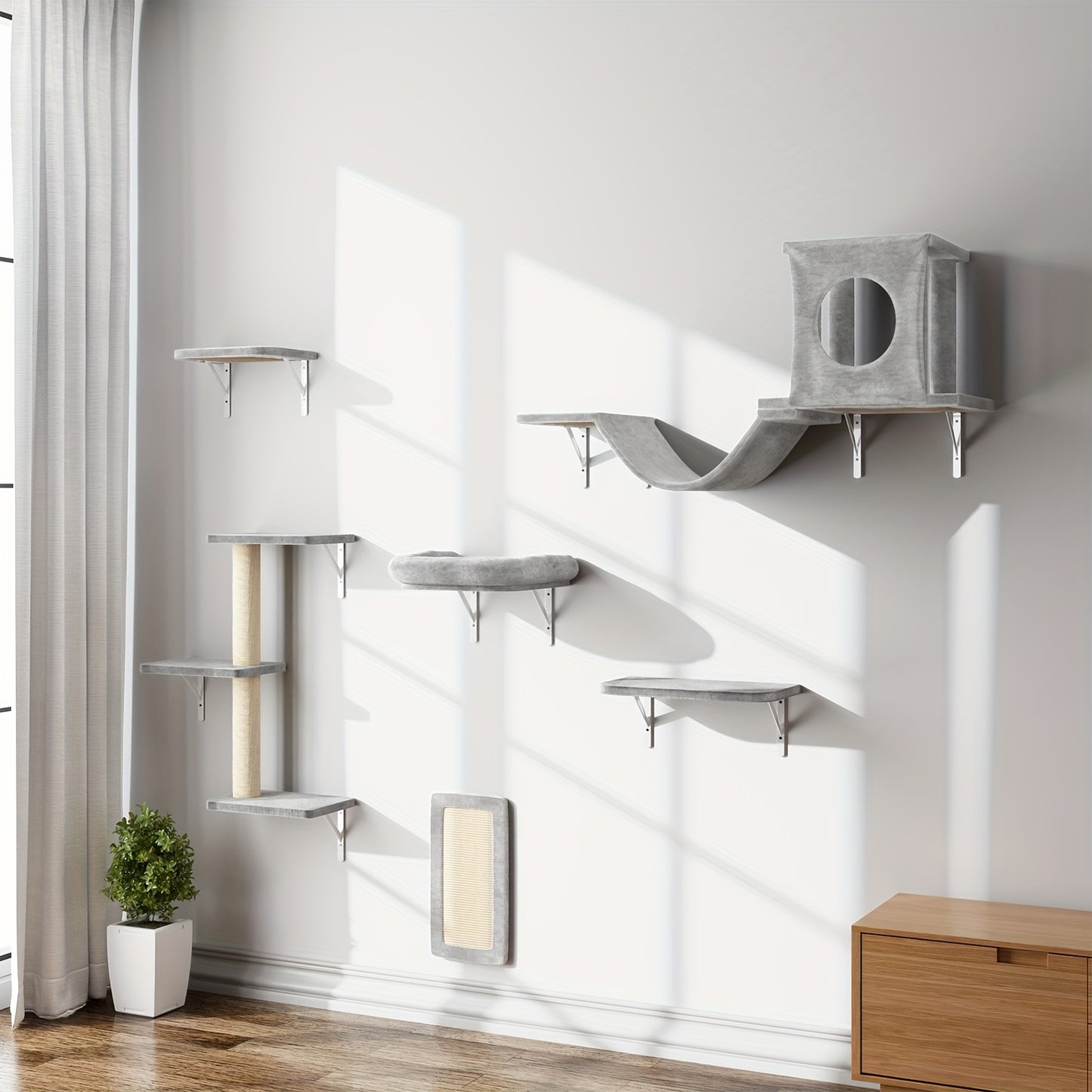 Deluxe 6pcs Wall-Mounted Cat Climbing Shelf Multi-Level Cat Tree with Condo and Scratching Post