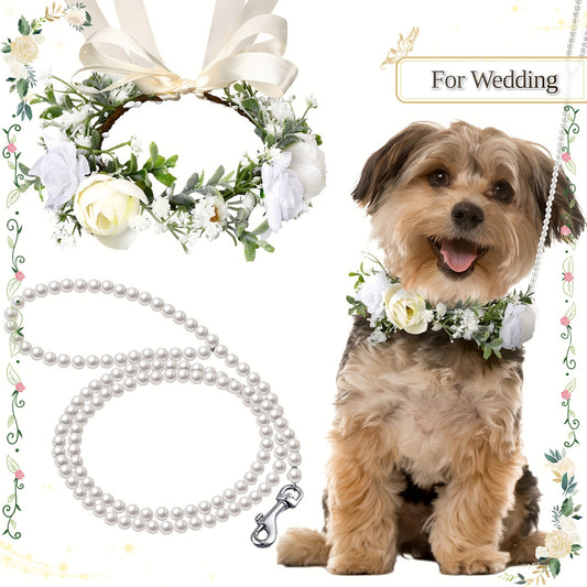 2 Piece Dog Flower Collar and Leash Set with Pearls for Weddings Adjustable for Medium Dogs