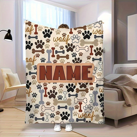 Customizable Woof Dog Bone Flannel Blanket All Season Hypoallergenic Machine Washable