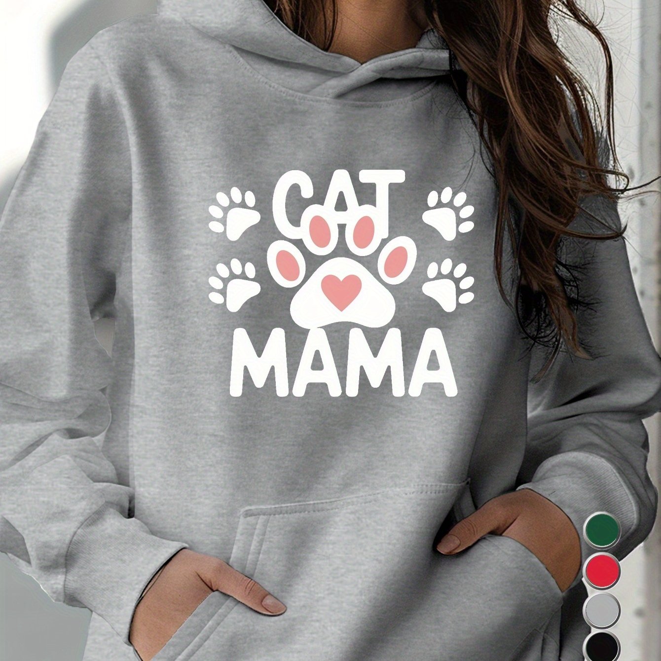 Teediy Cat Mama Paw Print Heart Women's Casual Hoodie for Cat Lovers