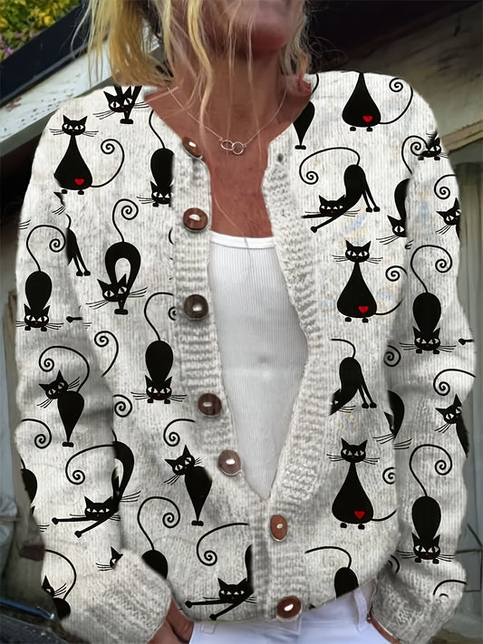 Women's Black Cat Cardigan Sweater with Red Gem Accents for Casual and Formal Outfits