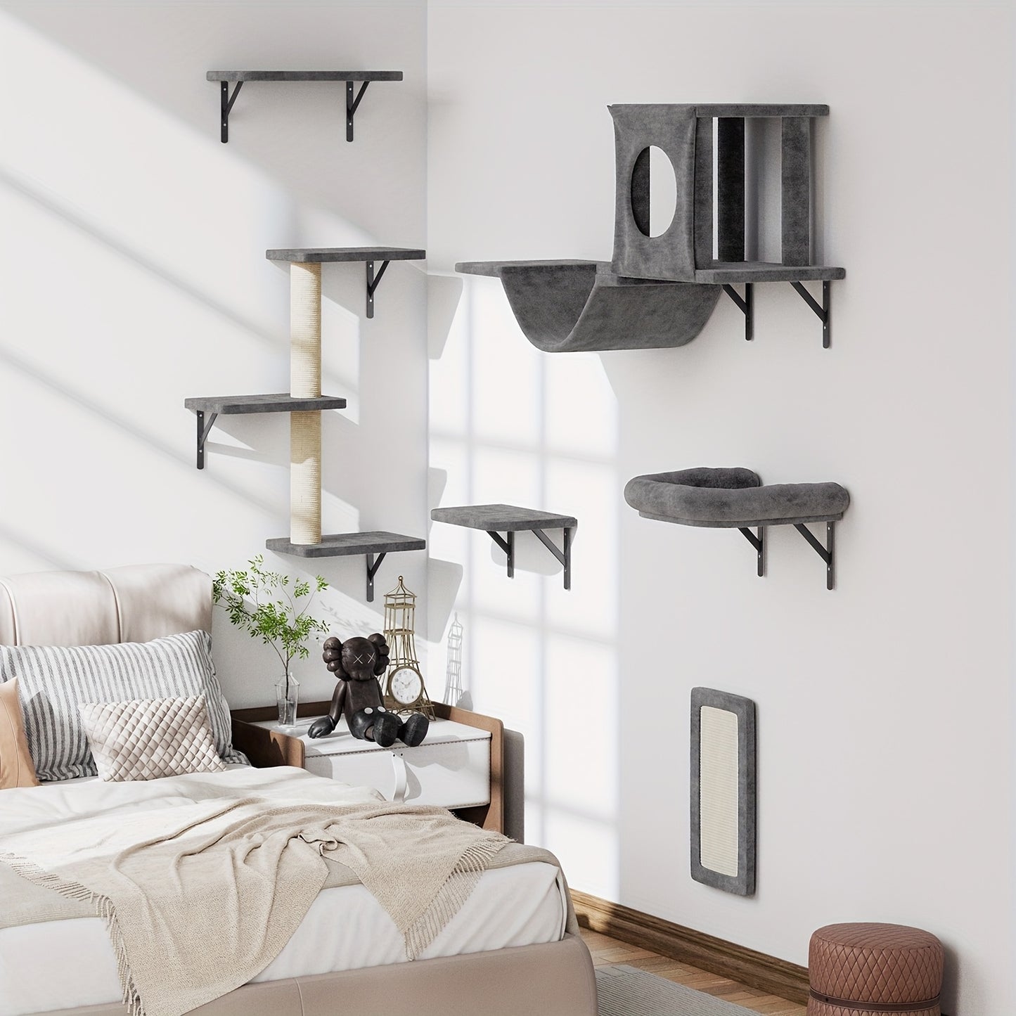 Deluxe 6pcs Wall-Mounted Cat Climbing Shelf Multi-Level Cat Tree with Condo and Scratching Post