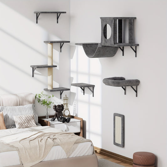 Deluxe 6pcs Wall-Mounted Cat Climbing Shelf Multi-Level Cat Tree with Condo and Scratching Post