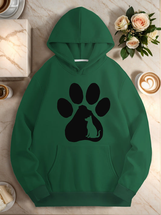 Women's Plus Size Cozy Hoodie with Dog and Cat Paw Print Red Long Sleeve Casual Sweatshirt