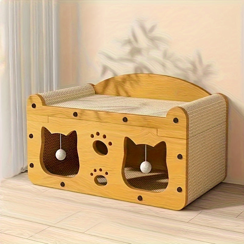2025 Latest Cat Villa 2-in-1 House with Scratching Board and Interactive Toy Balls