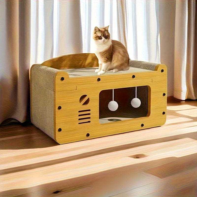 2025 Latest Cat Villa 2-in-1 House with Scratching Board and Interactive Toy Balls