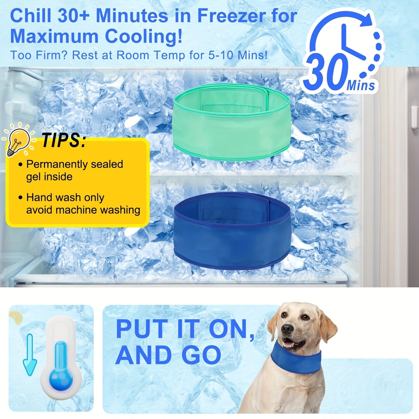 Dog Cooling Bandana Set of 2 Adjustable Ice Neck Cooler for Summer Heat Relief Blue